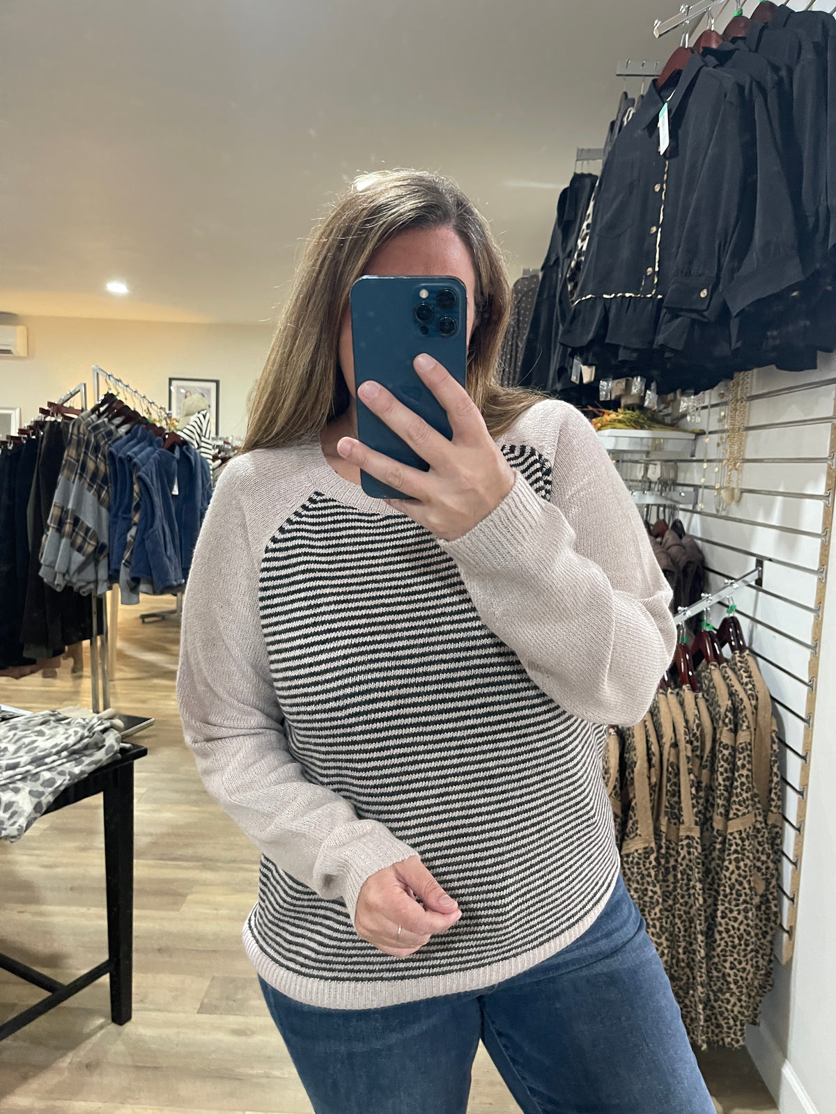TAUPE Baseball, Long Sleeve, Color Blocked, Pinstriped Crewneck Sweater