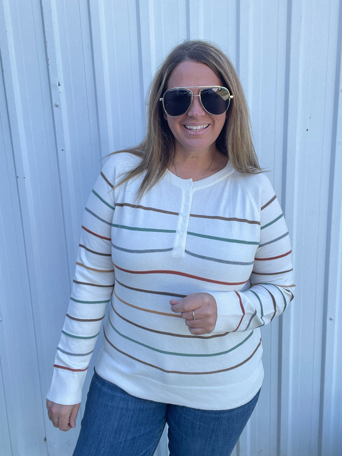 Ivory Multi Color Stripe Half Buttons Raglan Sleeve Pullover Knit