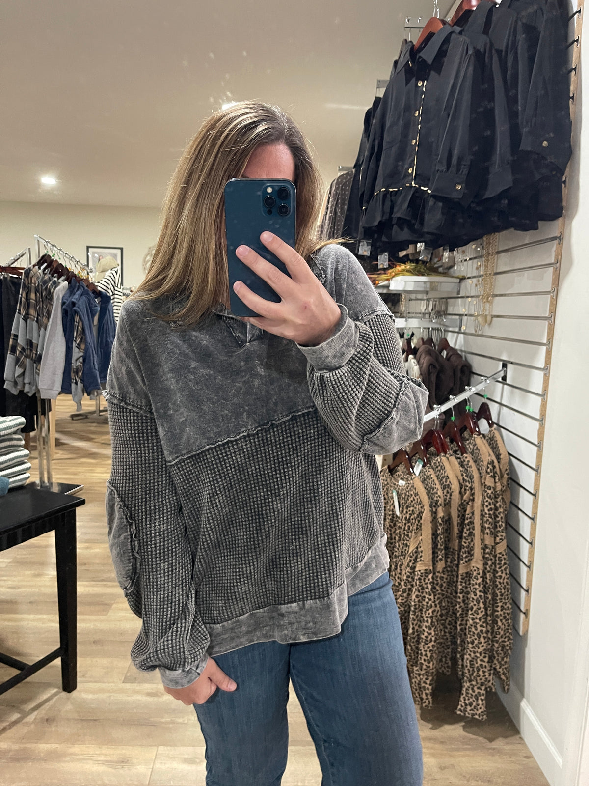 ASHED BLACK MINERAL WASH CONTRAST KNIT TOP