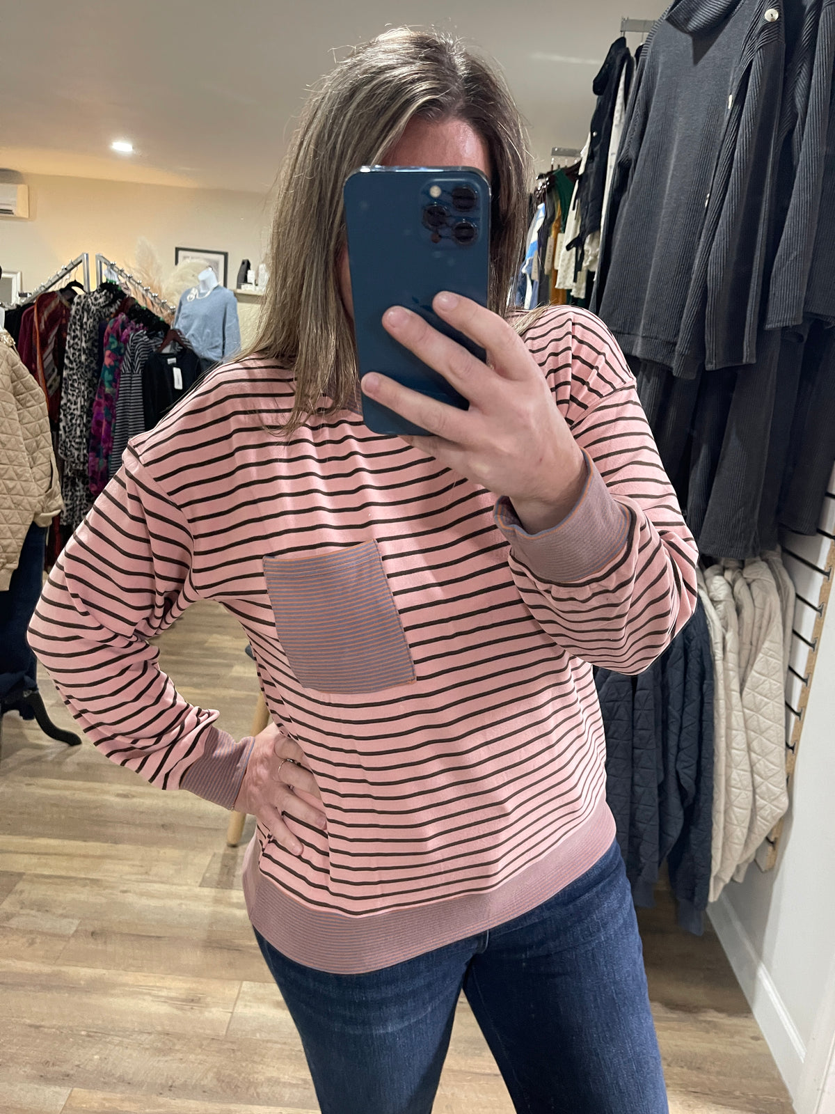 MAUVE/BROWN STRIPED BUTTER POCKET KNIT TOP