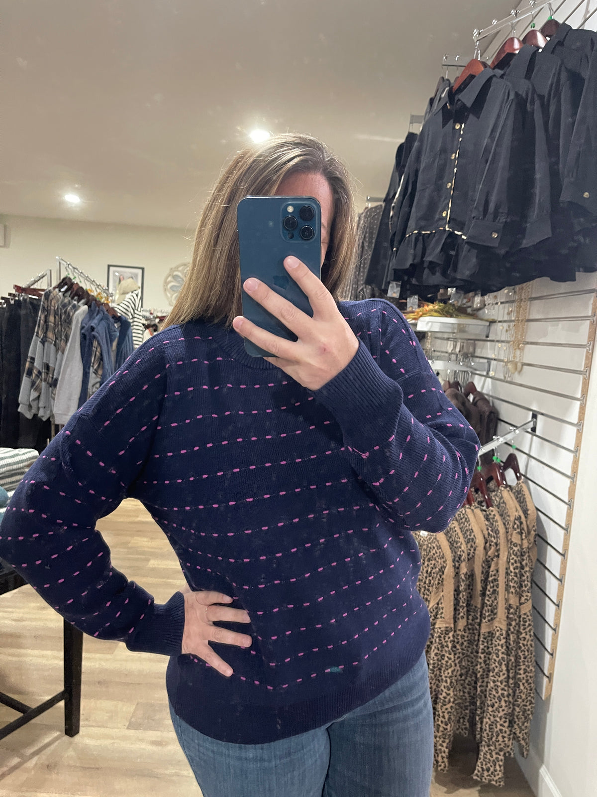 NAVY/FUSCHIA Texture Striped Crew Neck Long Sleeve Pullover Sweater