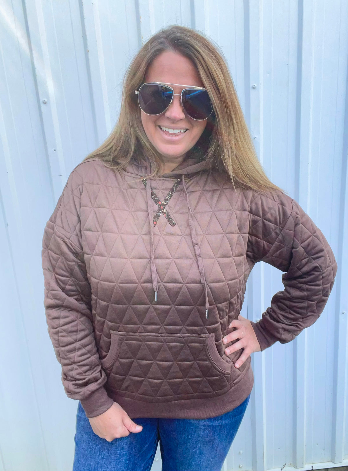 BROWN Quilted Hoodie Pullover Top With Contrast Floral Print