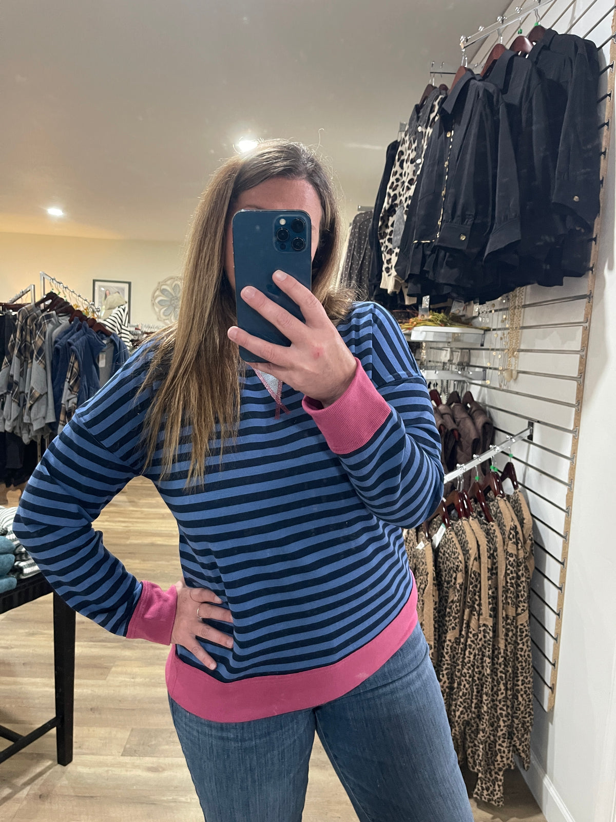 Navy/Fuschia Color Trim Banded, Long Sleeve, French Terry Pinstriped Top