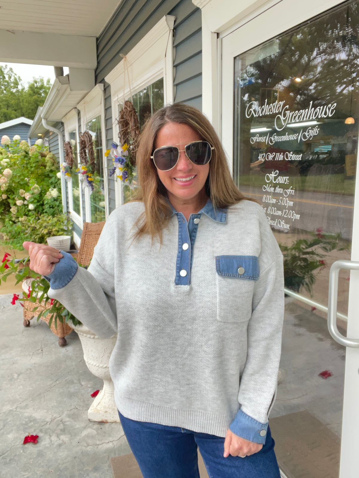 HEATHER GREY KNIT SWEATER W/ DENIM TRIM