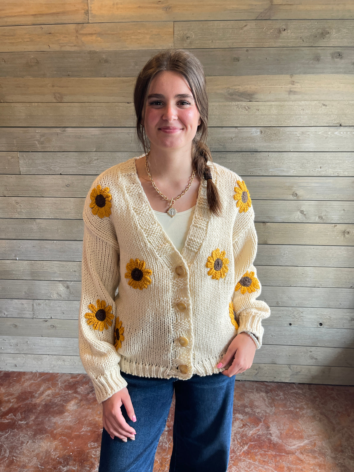 CREAM SUNFLOWER BUTTON CARDIGAN