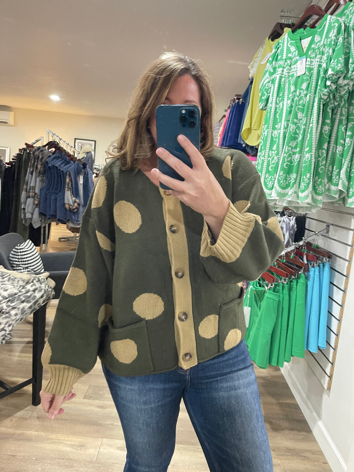 OLIVE Round Neck Button Down Long Sleeve Polka Dot Jacquard Sweater Cardigan