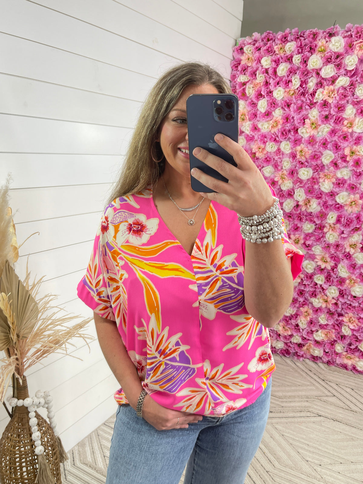 NEON PINK TROPICAL FLORAL TOP