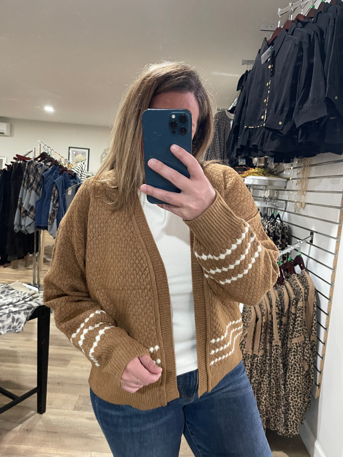 CAMEL Honeycomb Textured, Long Sleeve, Diamond Striped CARDIGAN