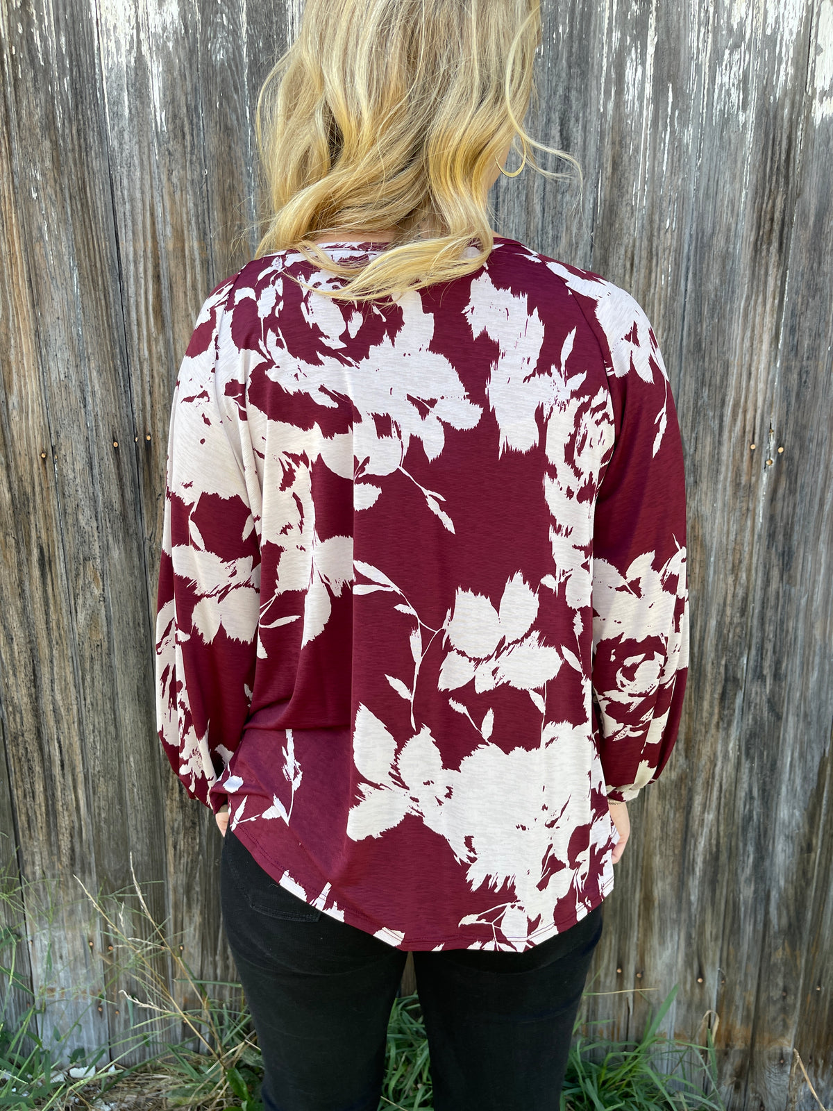WINE FLORAL PRINT ROUCHING STRAP DETAIL LONG SLEEVE TOP