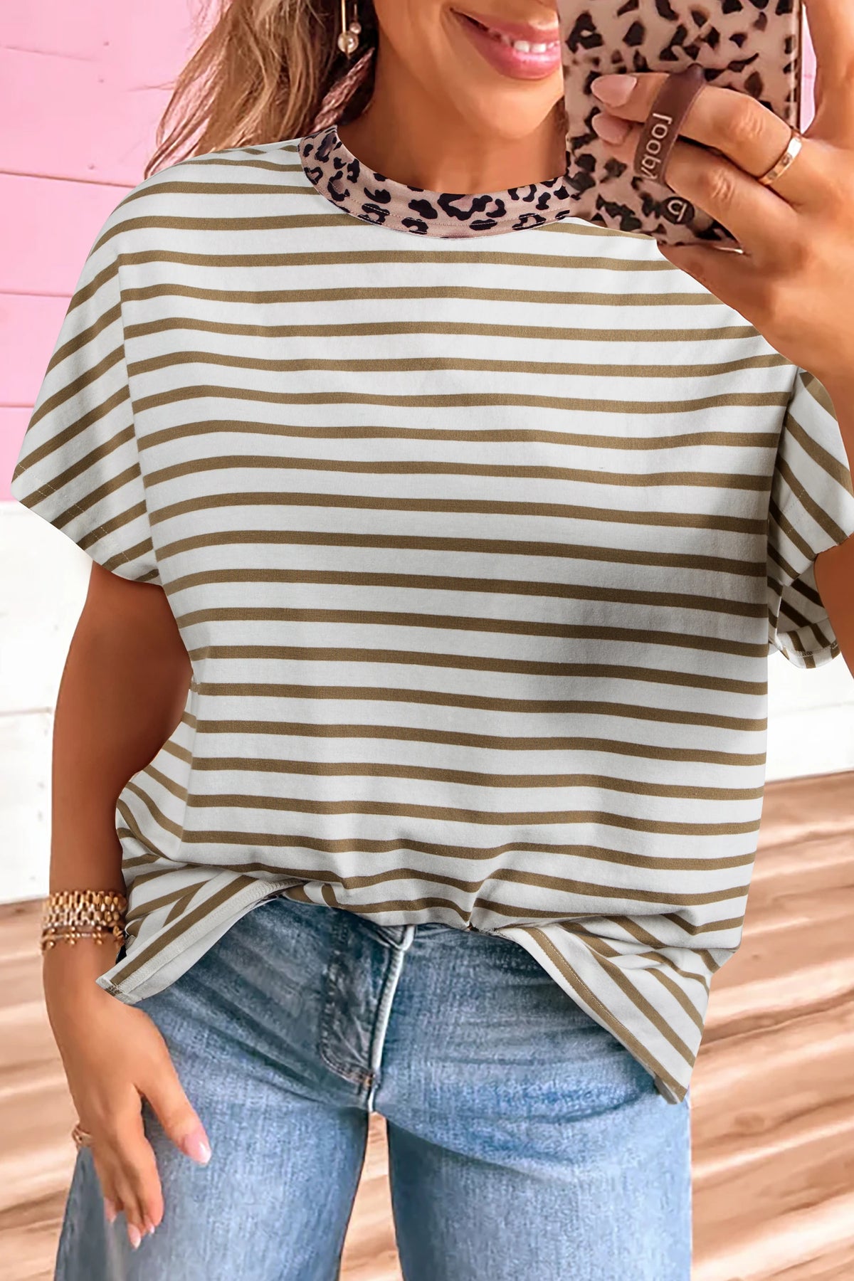 KAHKI STRIPED KNIT TOP W/ LEOPARD TRIM