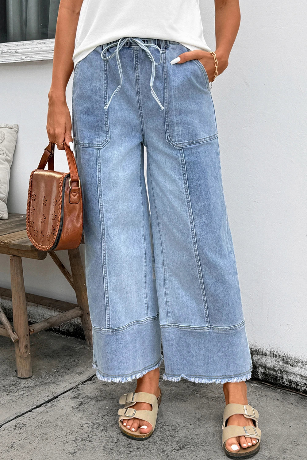 LIGHT DENIM WIDE LEG DRAWSTRING JEANS