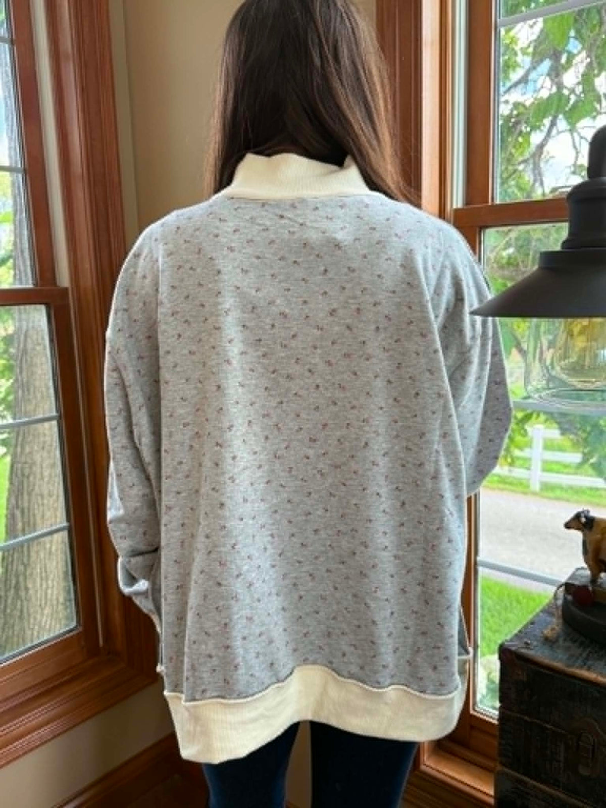 GREY FLORAL OVERSIZED KNIT MOCK NECK PULLOVER