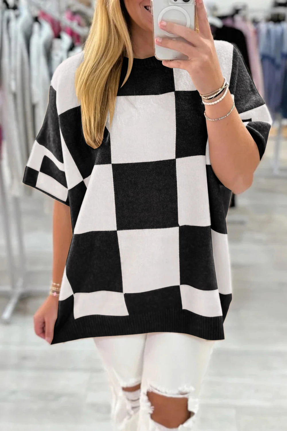 BLACK AND WHTIE CHECK SHORT SLEEVE SWEATER KNIT TOP
