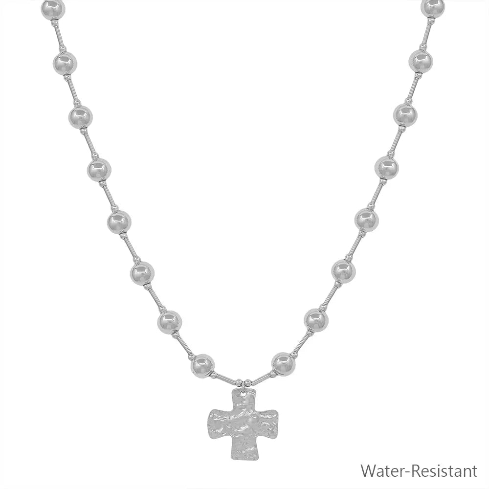 Water Resistant Silver 6mm Beaded with Hammered Silver Cross Charm 16"-18" Necklace
