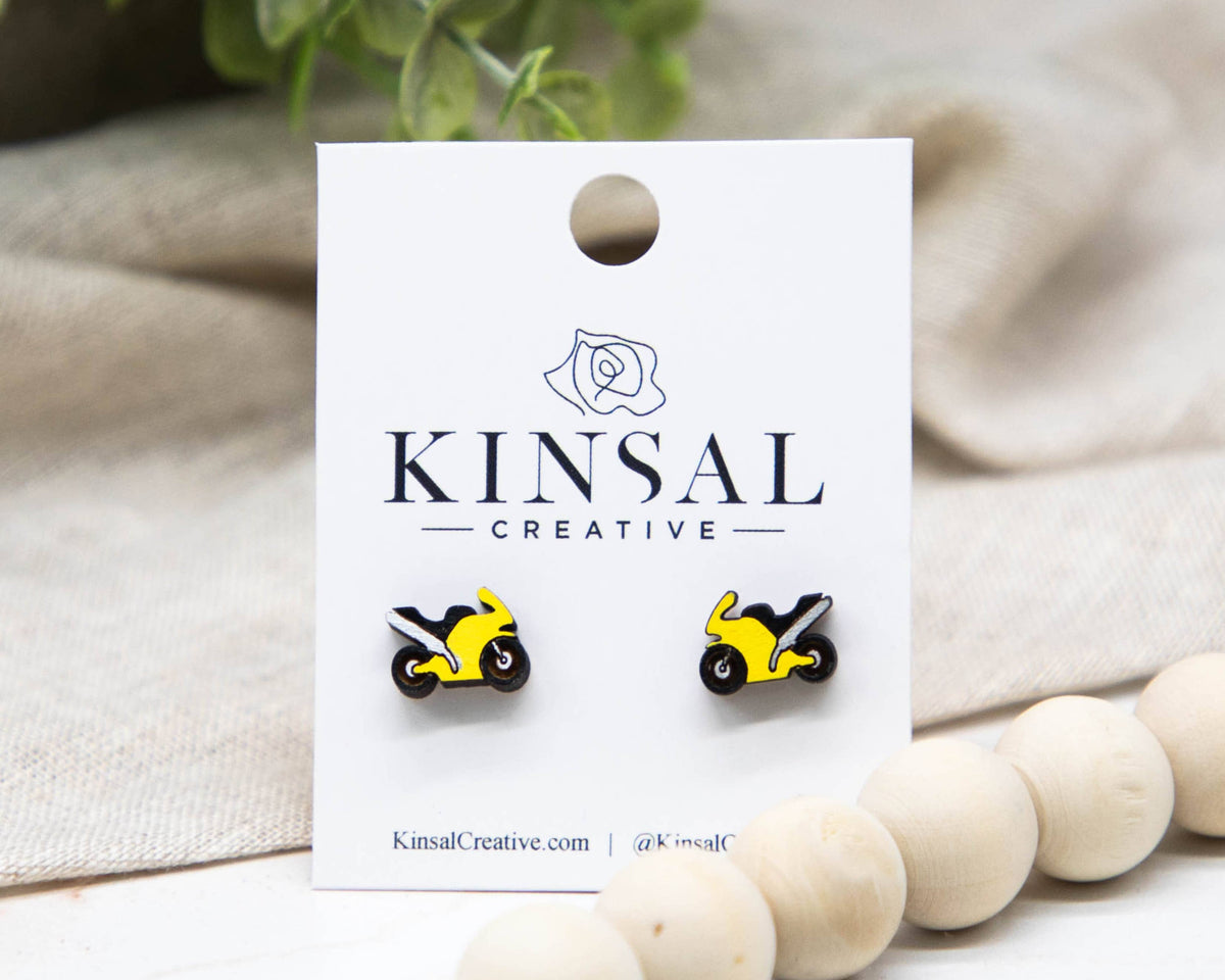 Kinsal Creative - Motorcycle Wood Stud Earrings: Red