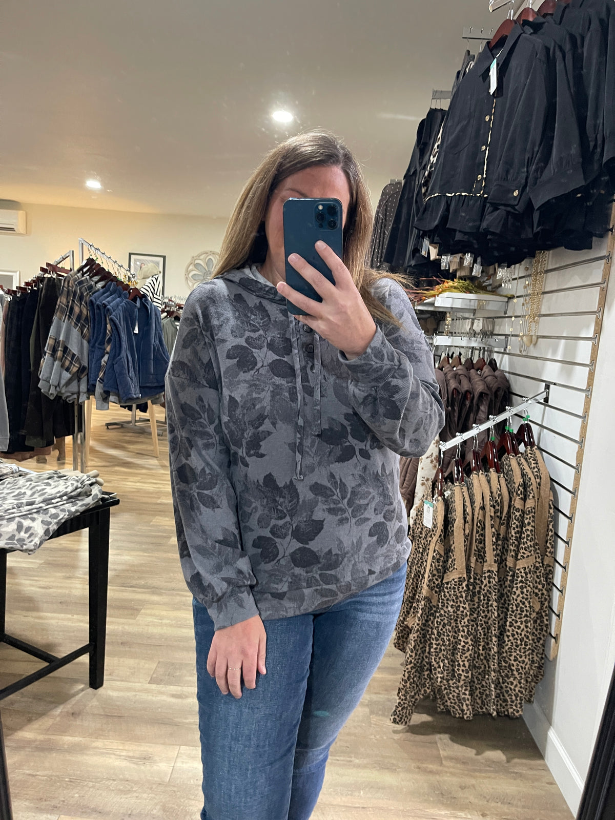 GREY Half Button, Long Sleeve, Floral Printed Drawstring Light Weight Hoodie