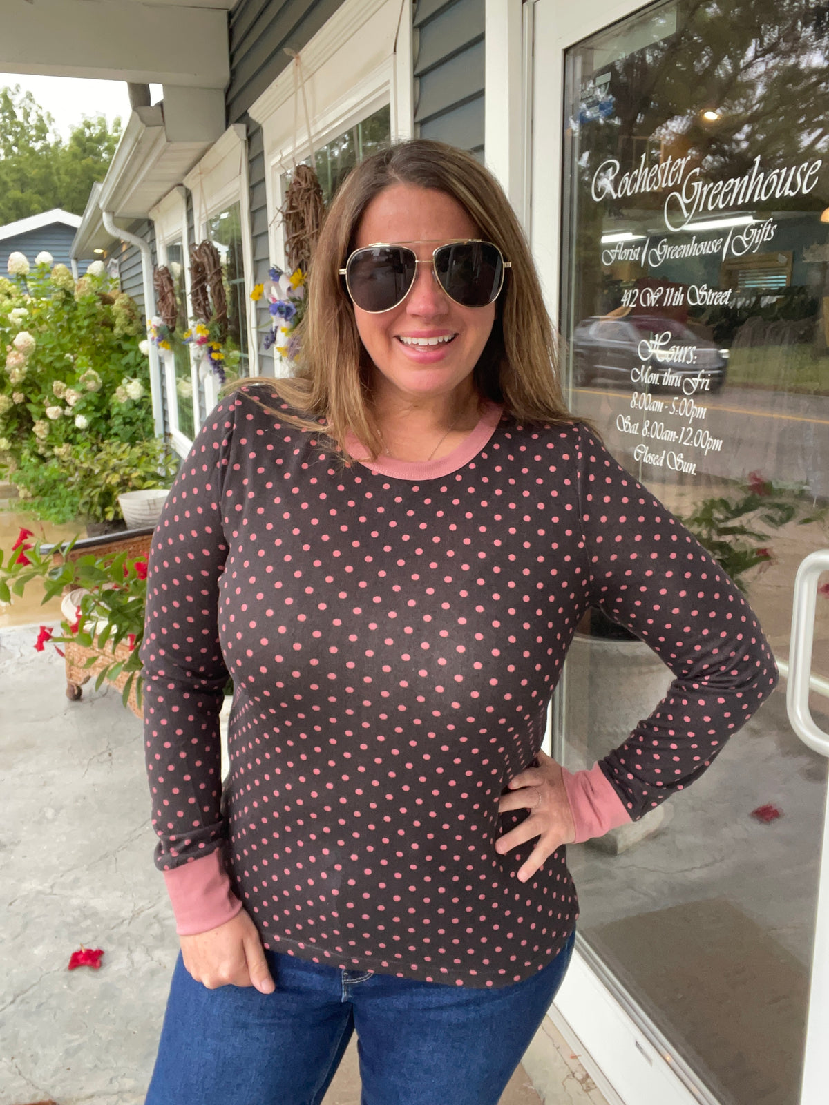 BROWN/PINK Crew Neck, Long Sleeve, Polka Dot Printed Hacci Top