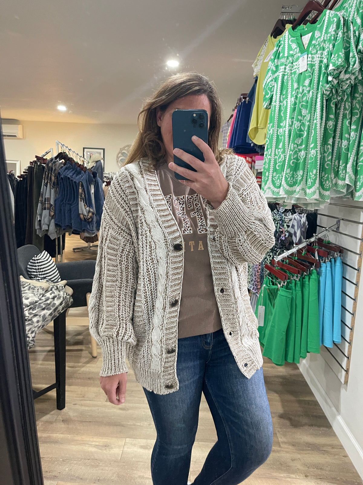 OATMEAL/BROWN CABLE KNIT BUTTON CARDIGAN