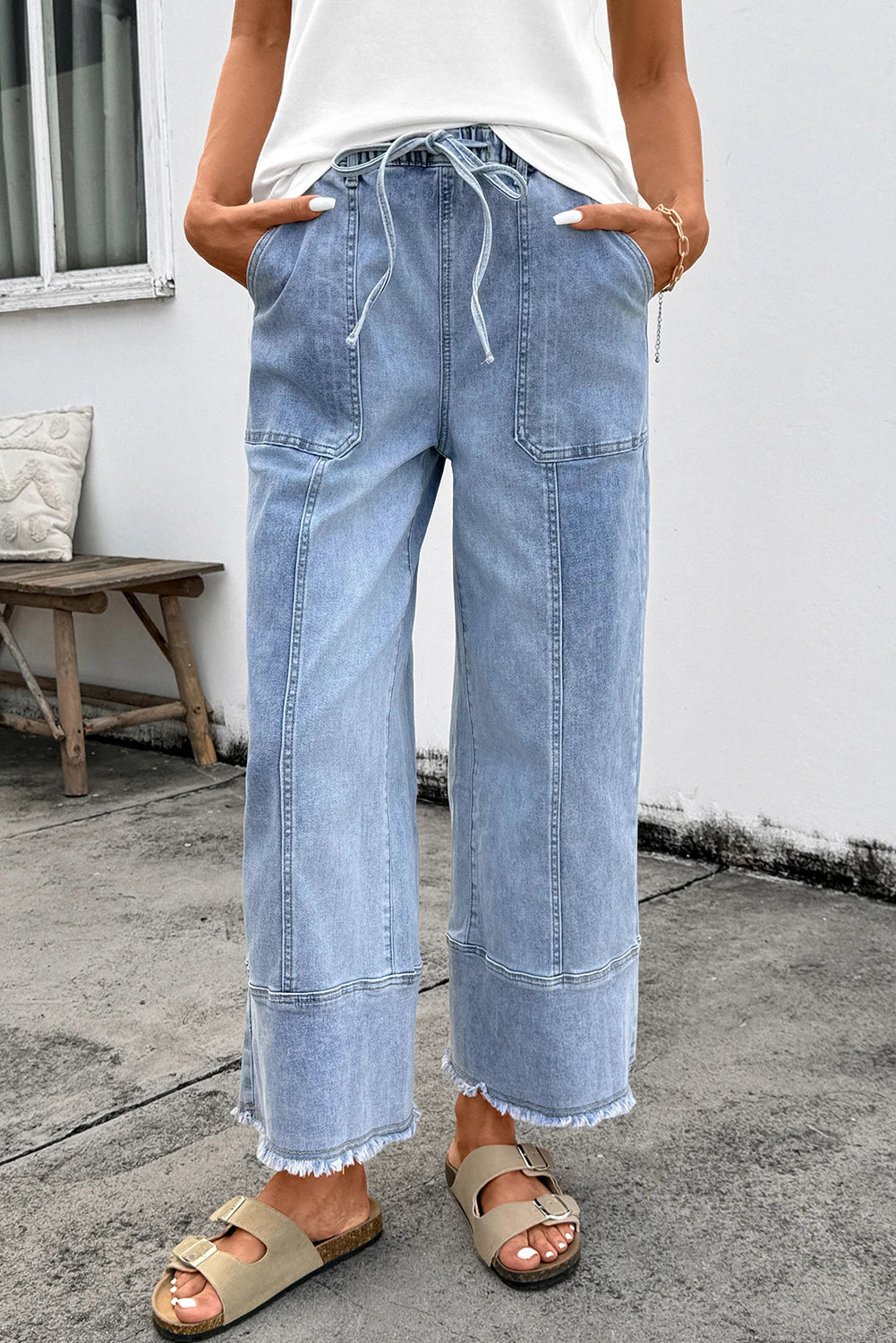 LIGHT DENIM WIDE LEG DRAWSTRING JEANS