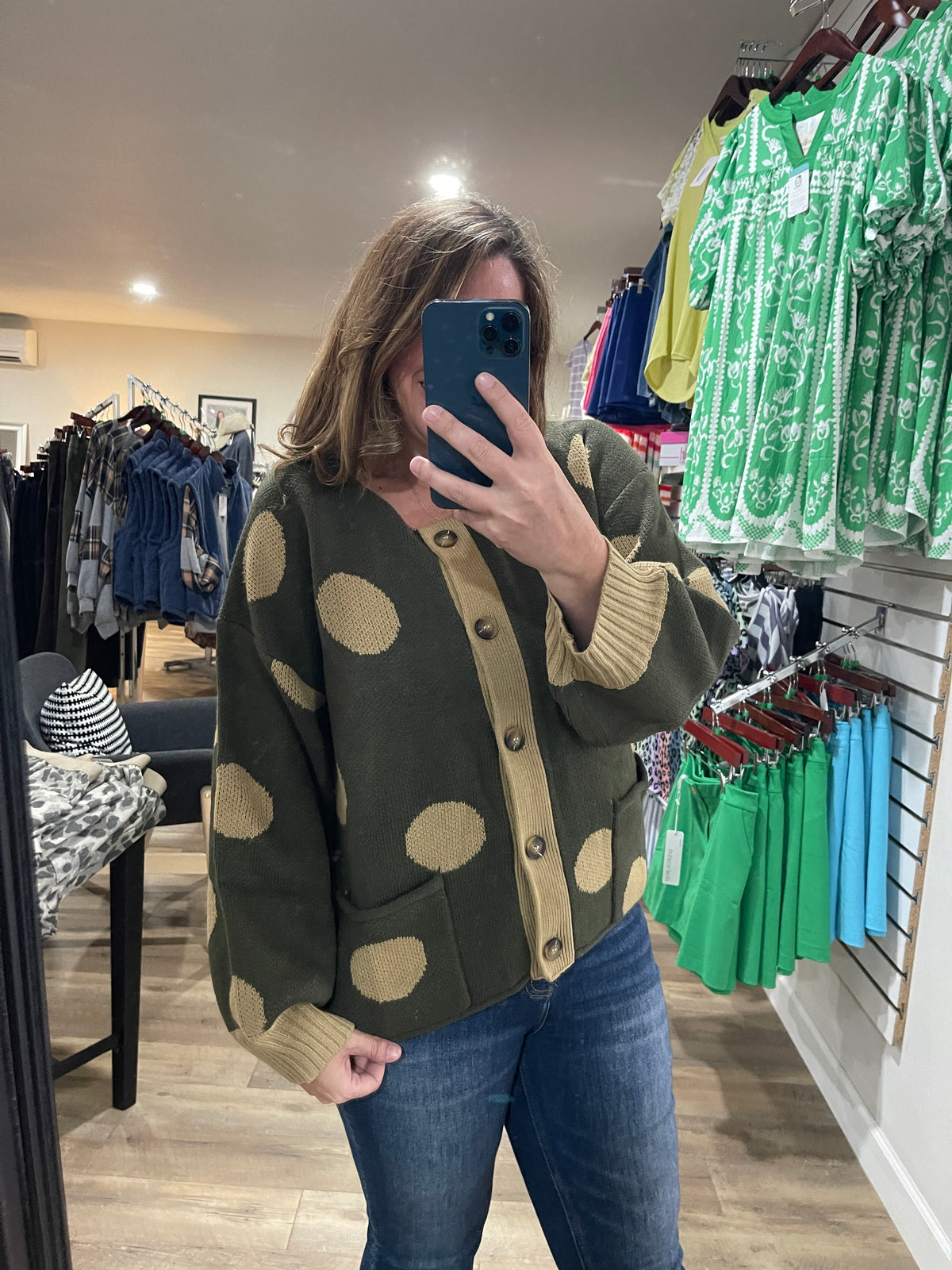 OLIVE Round Neck Button Down Long Sleeve Polka Dot Jacquard Sweater Cardigan