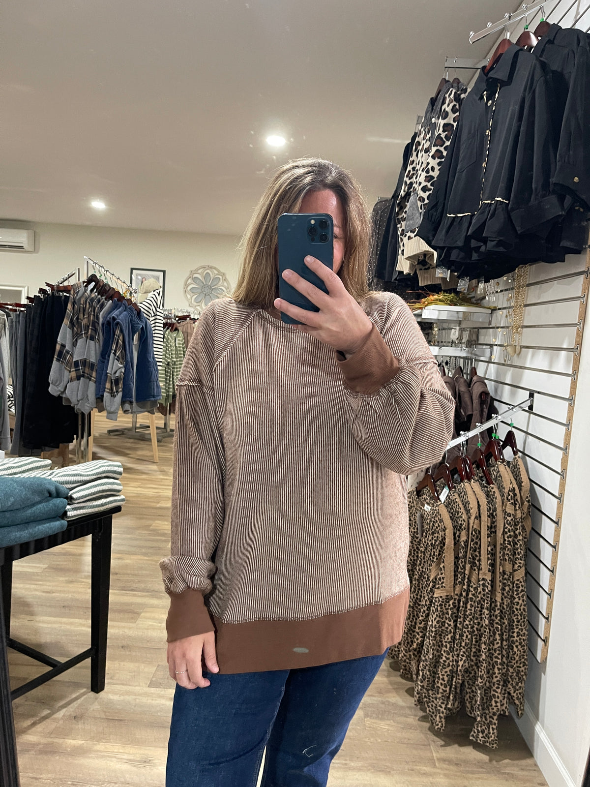 Chocolate pin striped knit top w/ side slit