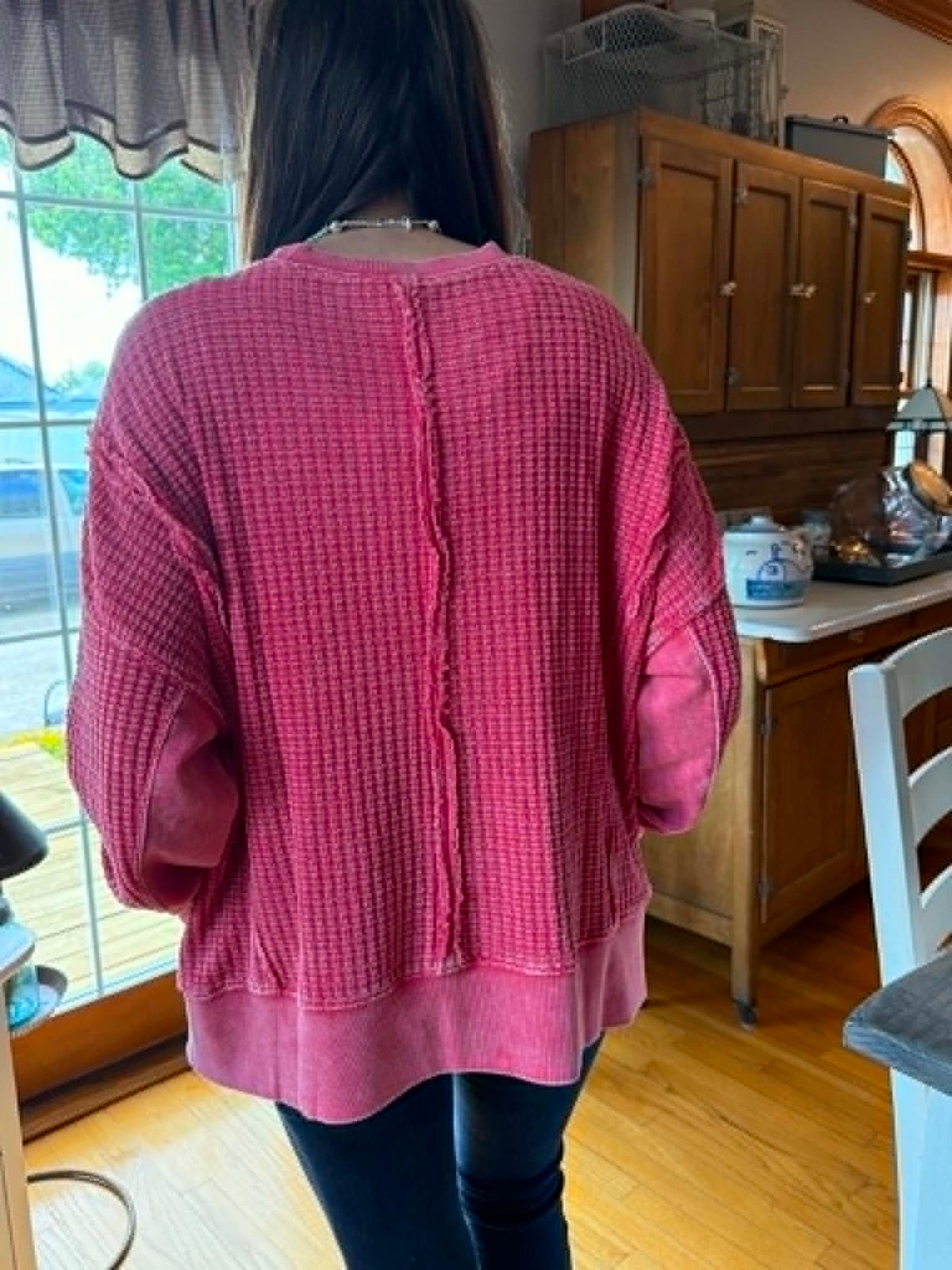 RED MINERAL WASH OVERSIZED WAFFLE KNIT TOP
