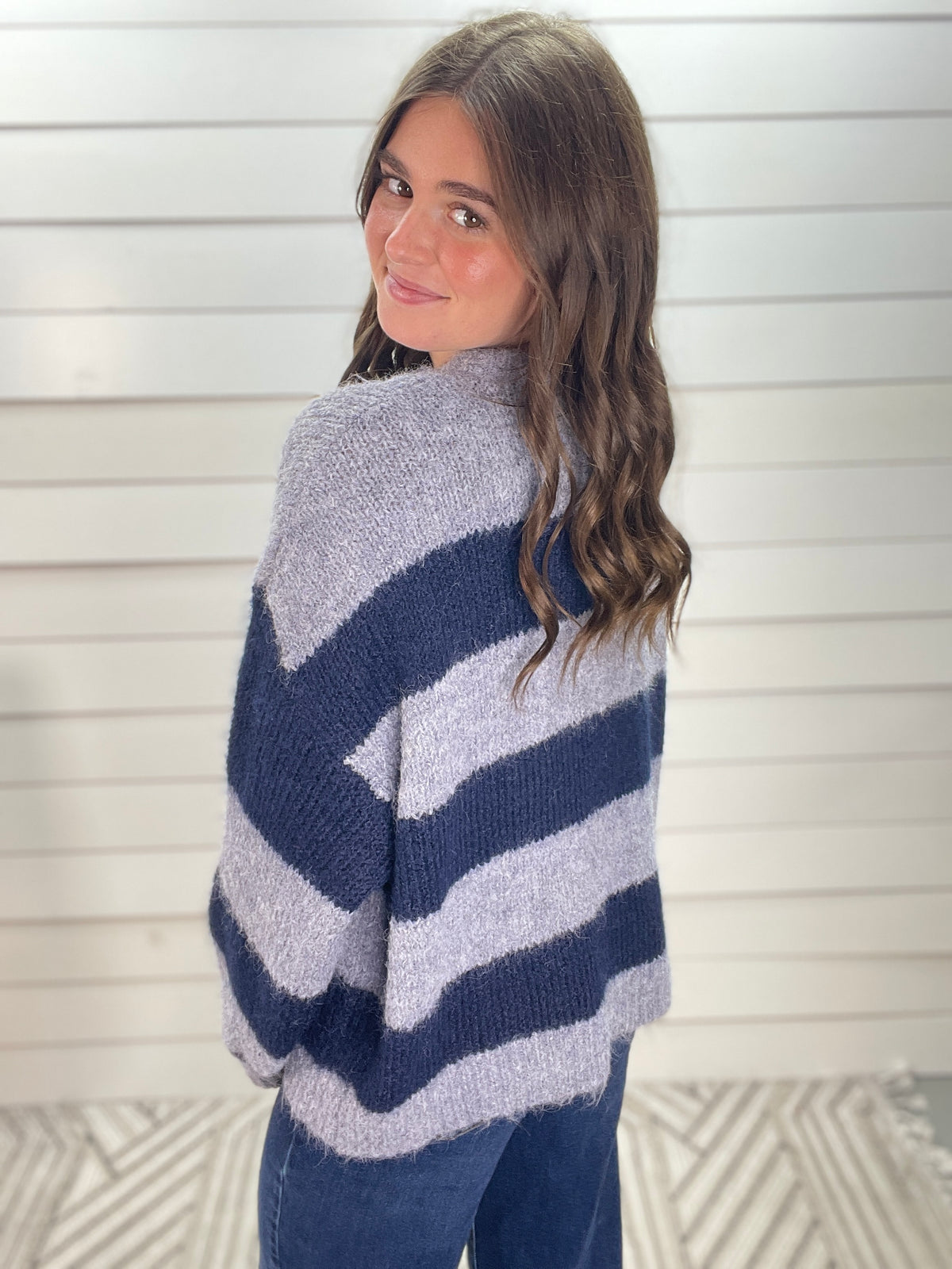 GLACIER/NAVY STRIPED SOFT BUTTON SWEATER