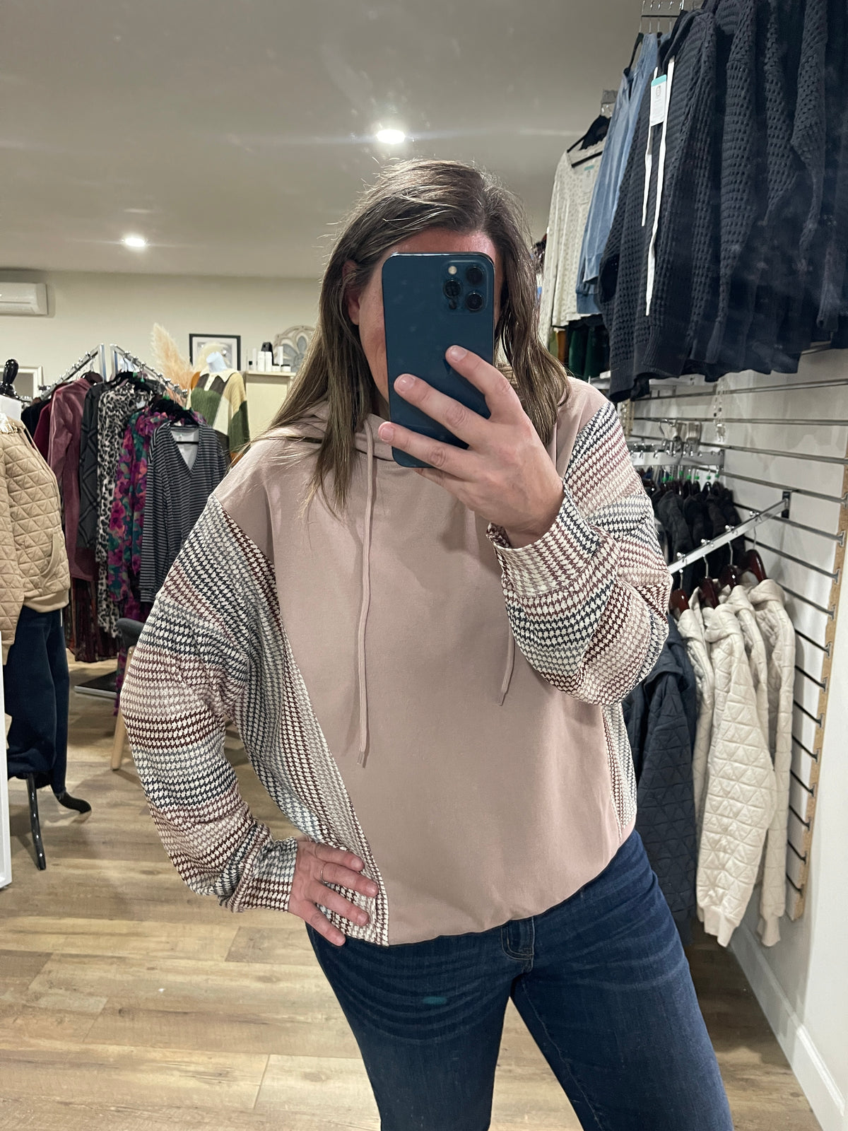 TAUPE/ MULTI CONTRAST FRENCH TERRY LIGHT WEIGHT HOODIE