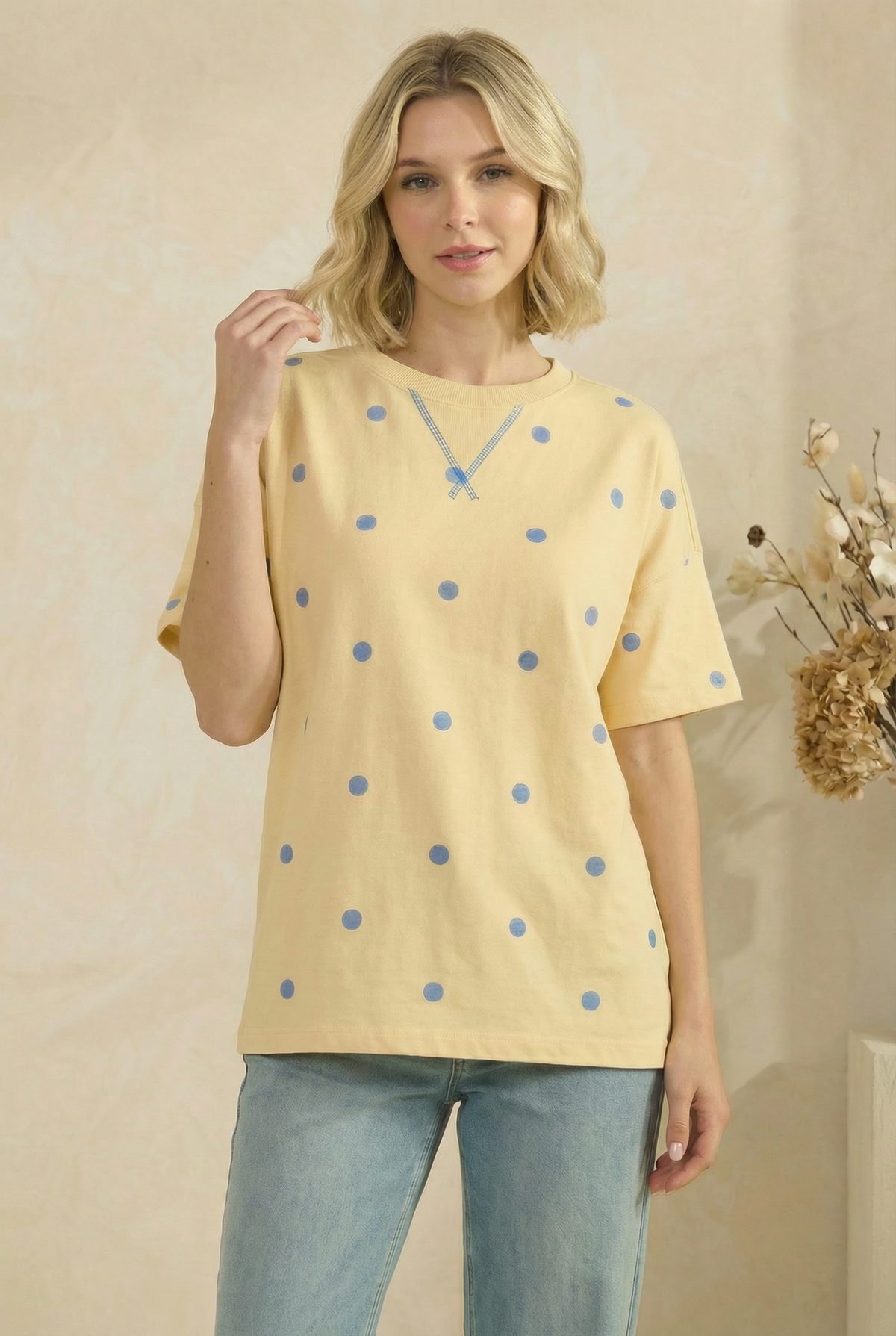 YELLOW/BLUE POLKADOT KNIT TOP
