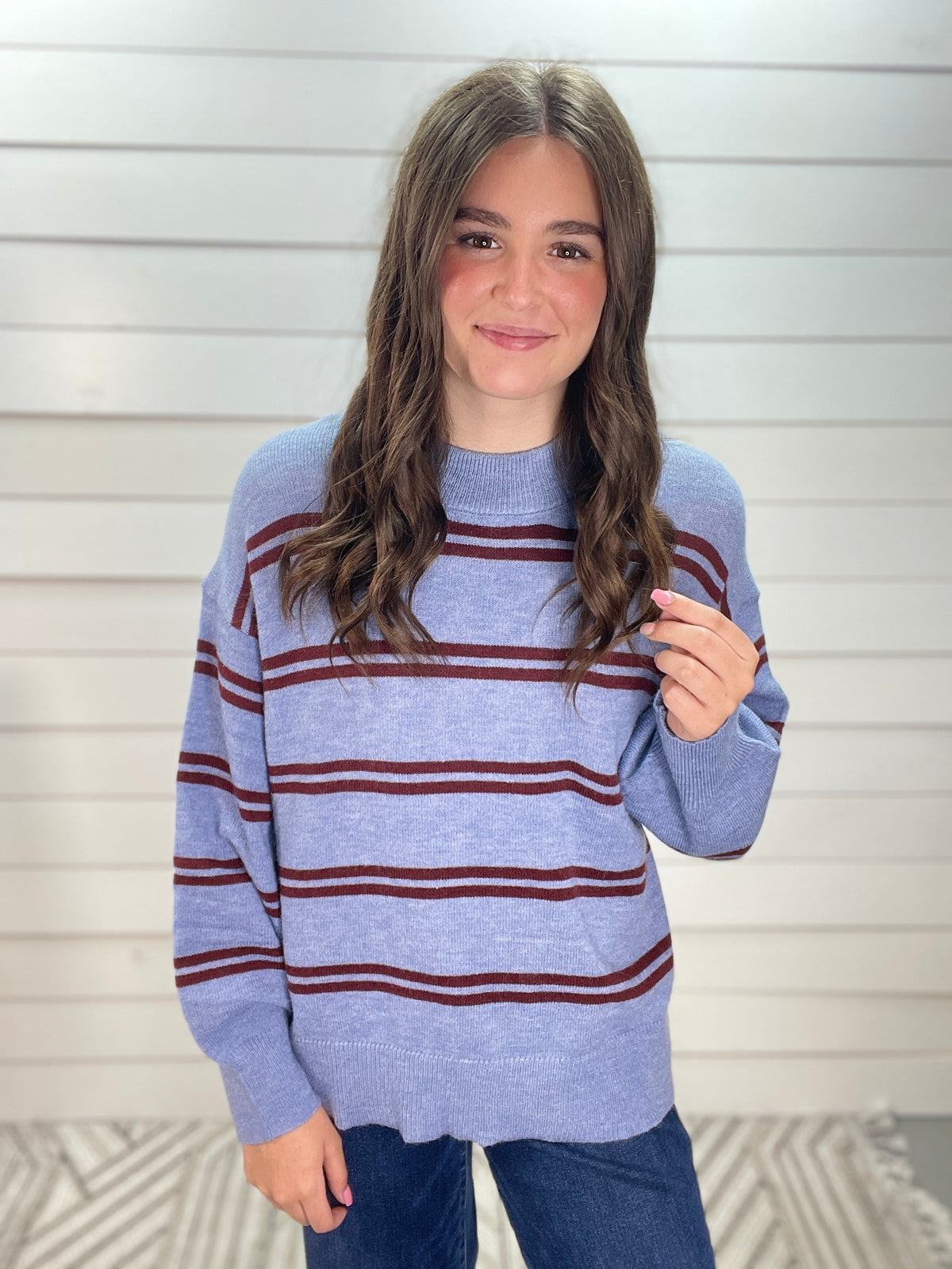 Dusty Blue Striped Soft Ligth Weight Sweater