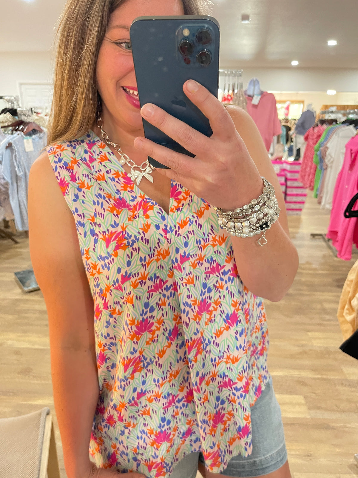 PINK/ORANGE SLEEVELESS FLORAL WOVEN TOP- FINAL SALE