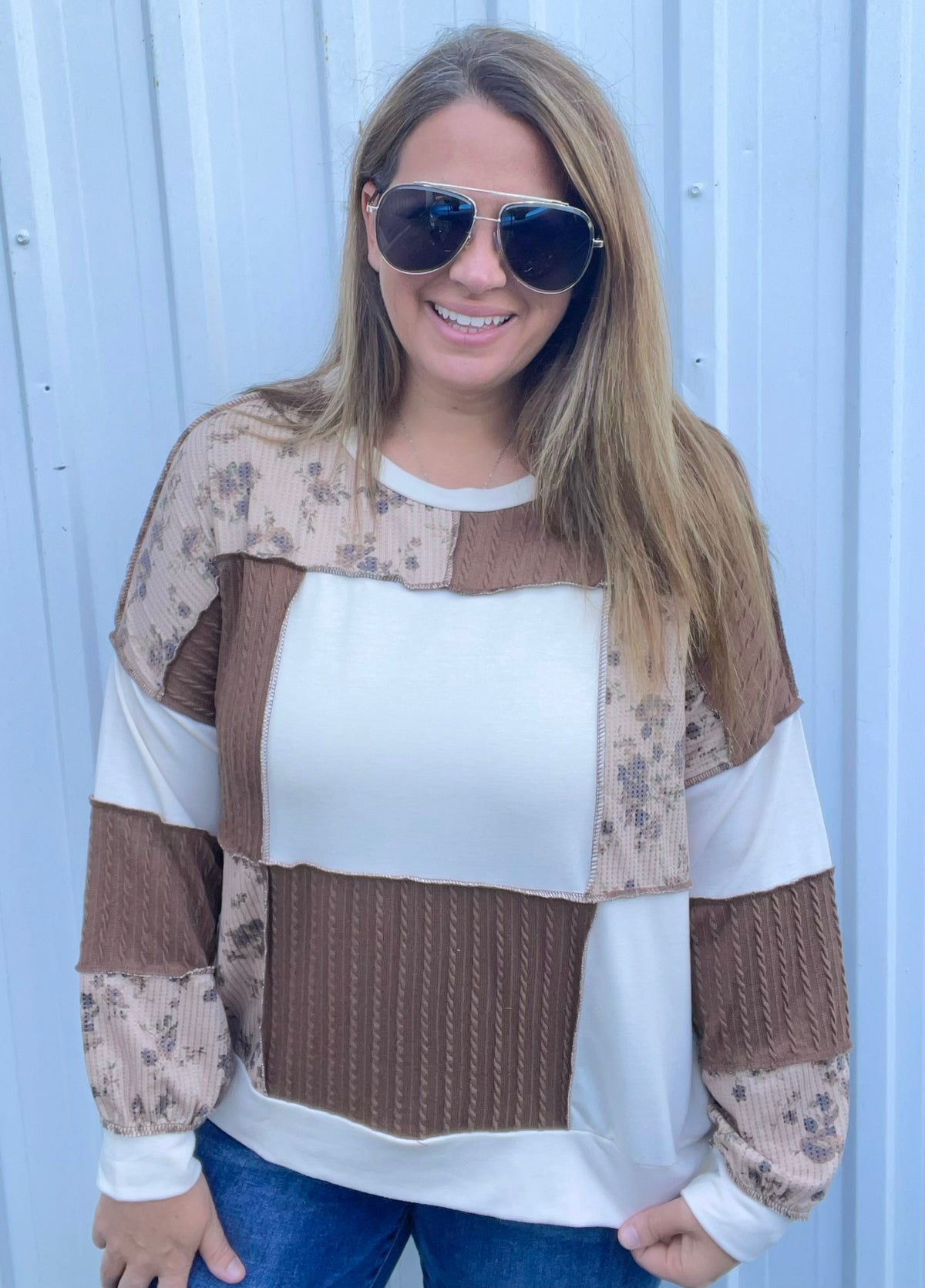 OTMEAL/TAUPE/BROWN Round Neck Bubble Long Sleeve Solid French Terry, Floral Print And Cable Knit