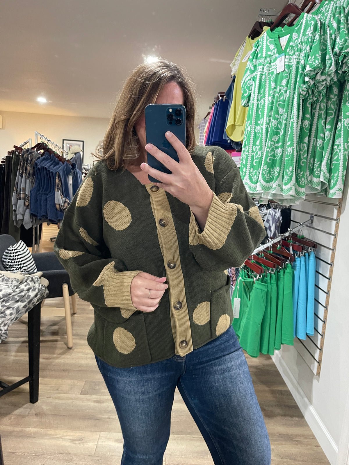 OLIVE Round Neck Button Down Long Sleeve Polka Dot Jacquard Sweater Cardigan