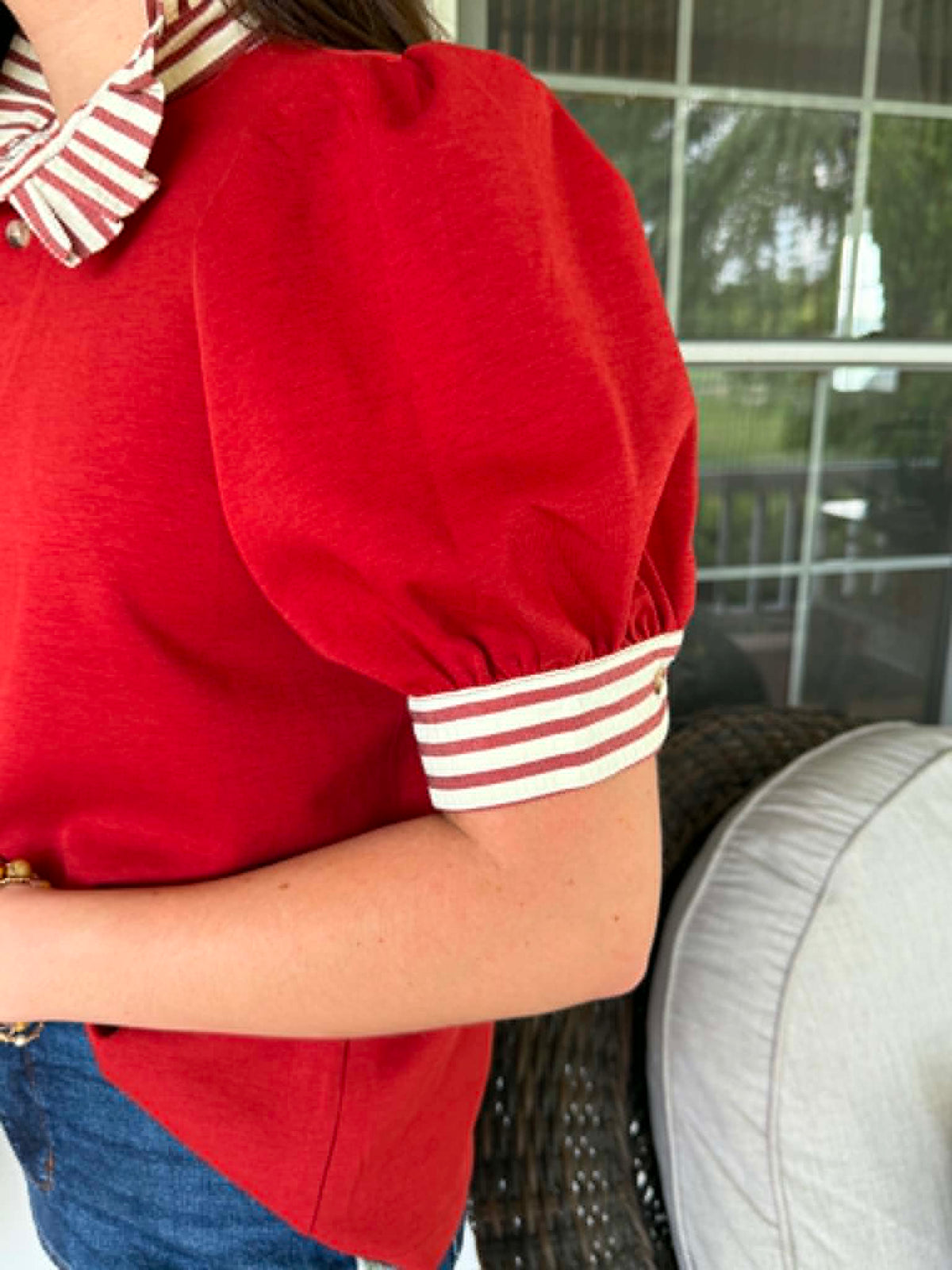 RUST KNIT STRIPED POP COLOR SHORT SLEEVE TOP