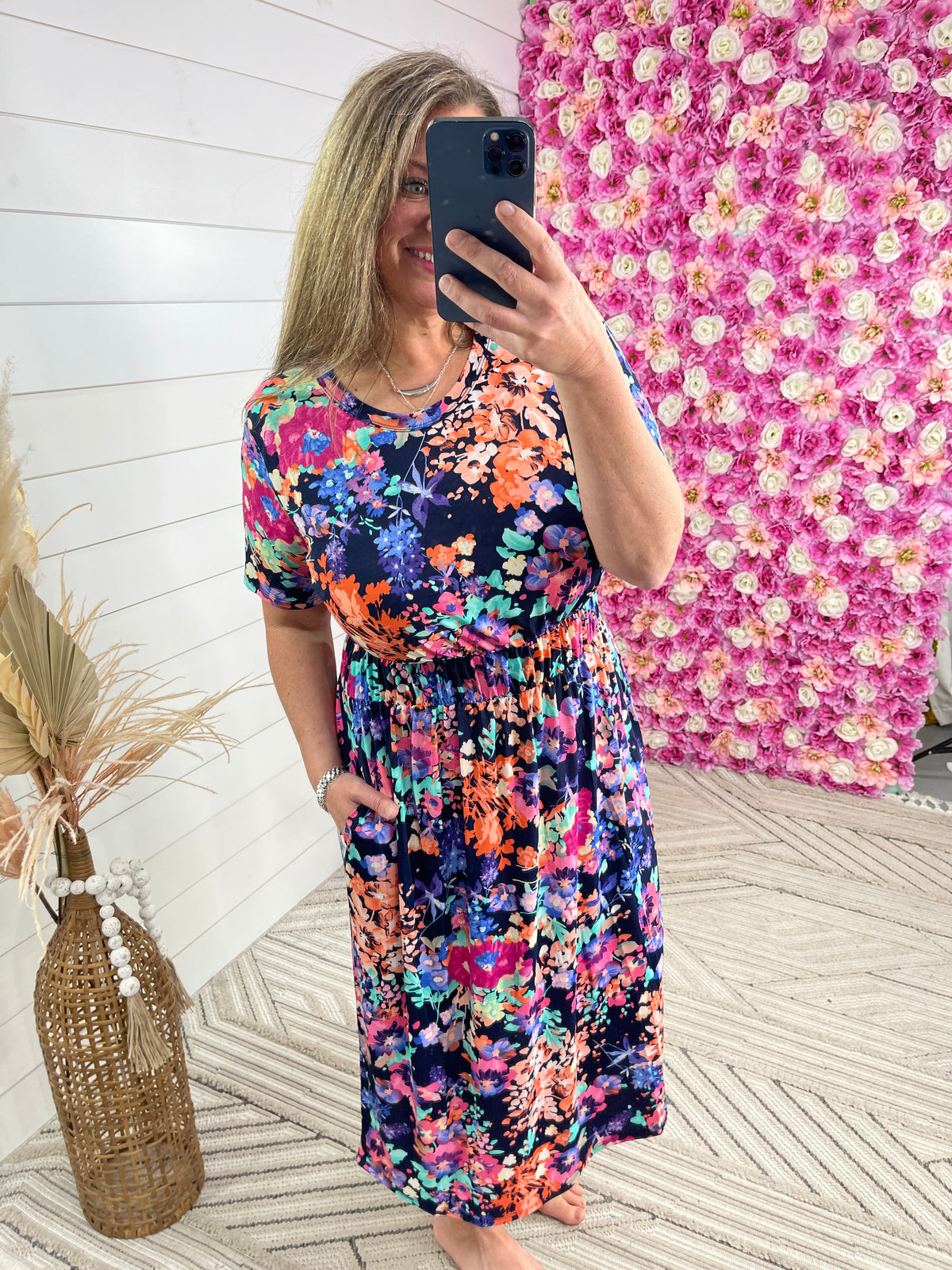 NAVY FLORAL ELASTIC WAIST MAXI DRESS