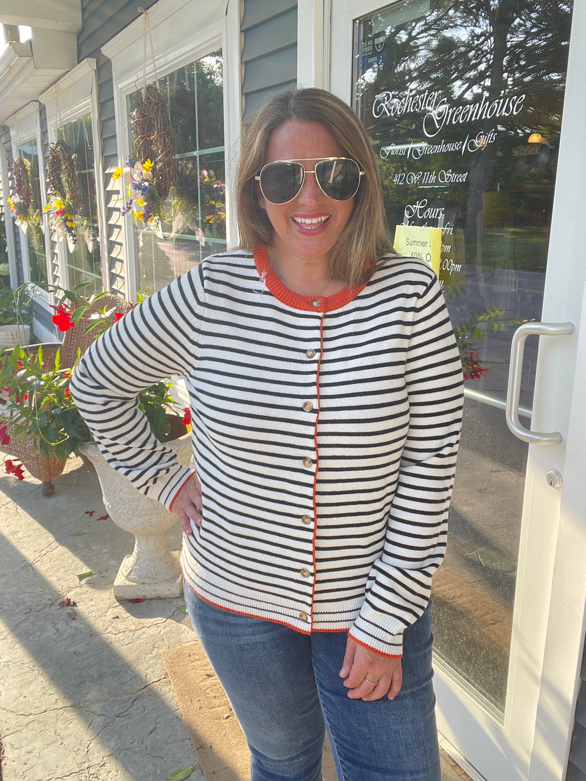 IVORY/ORANGE Color Accent, Long Sleeve, Button Down, Striped SWEATER