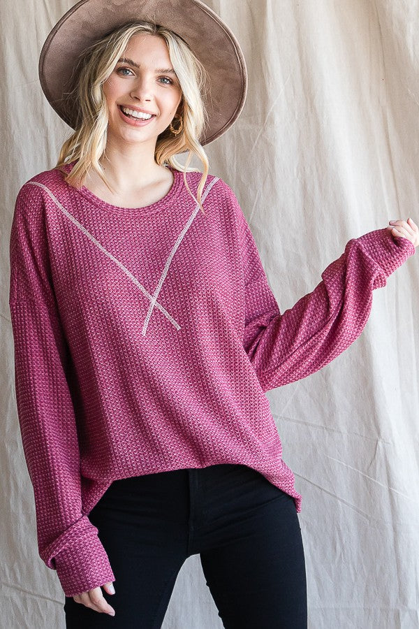 TWO TONE BURGUNDY WAFFLE KNIT LONG SLEEVE TOP