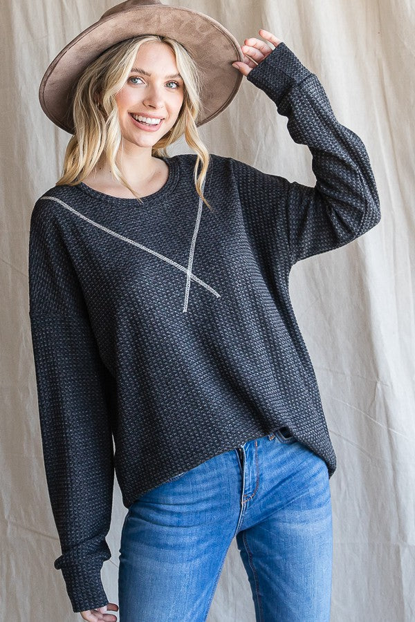 TWO TONE CHARCOAL WAFFLE KNIT LONG SLEEVE TOP
