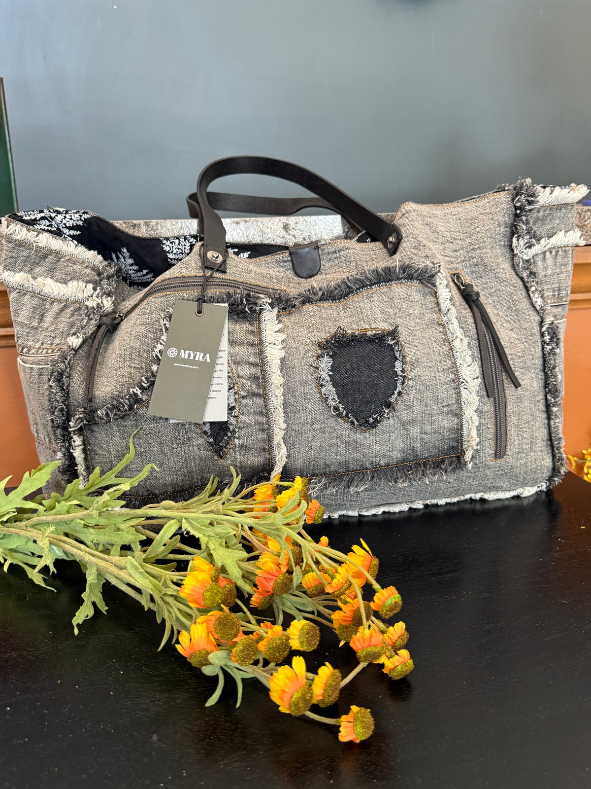 MYRA Frayed Frontier Western Denim Tote Bag —