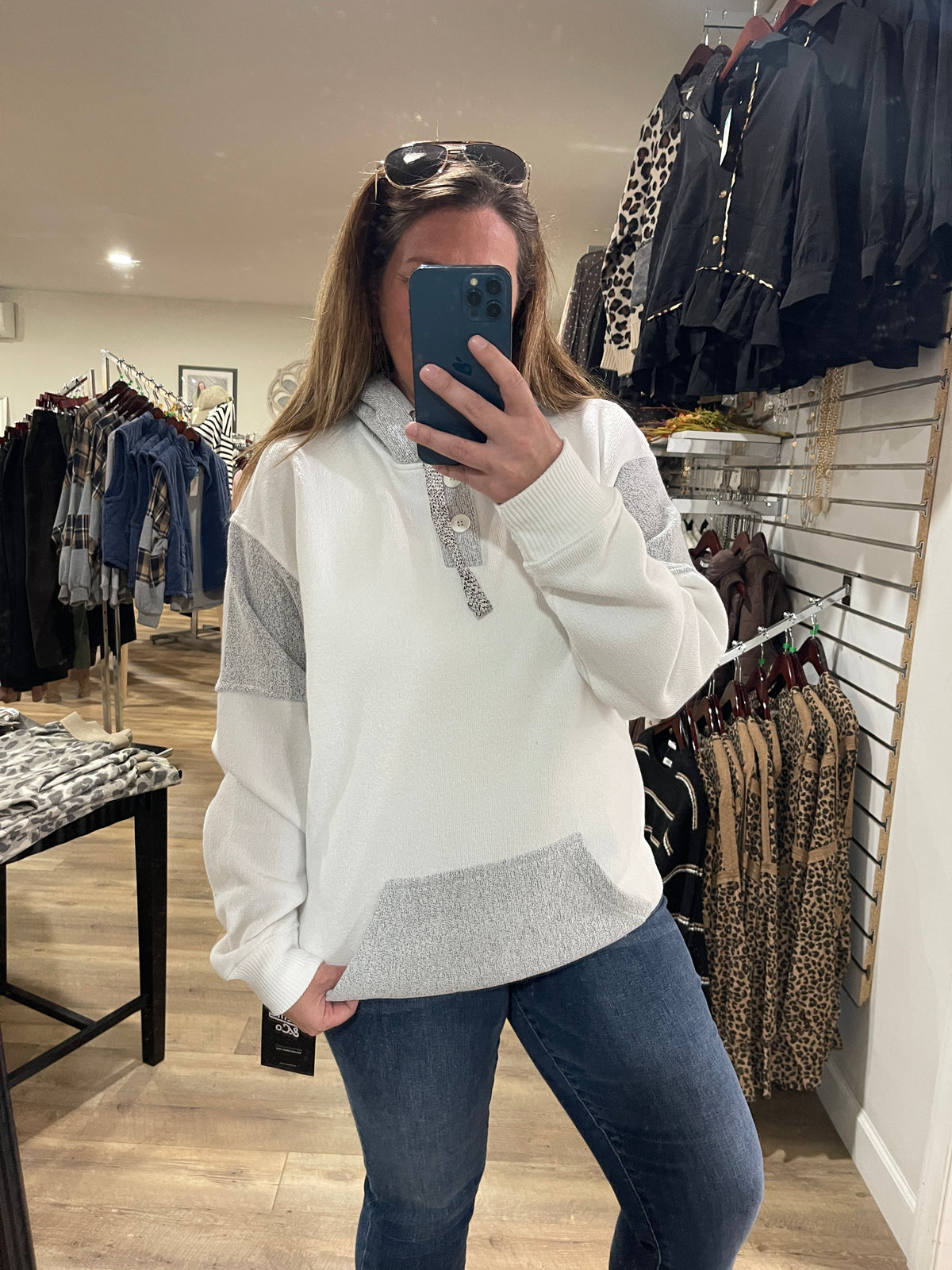 WHITE Nantucket Hooded Pullover With Henley Neck Opening Pullover