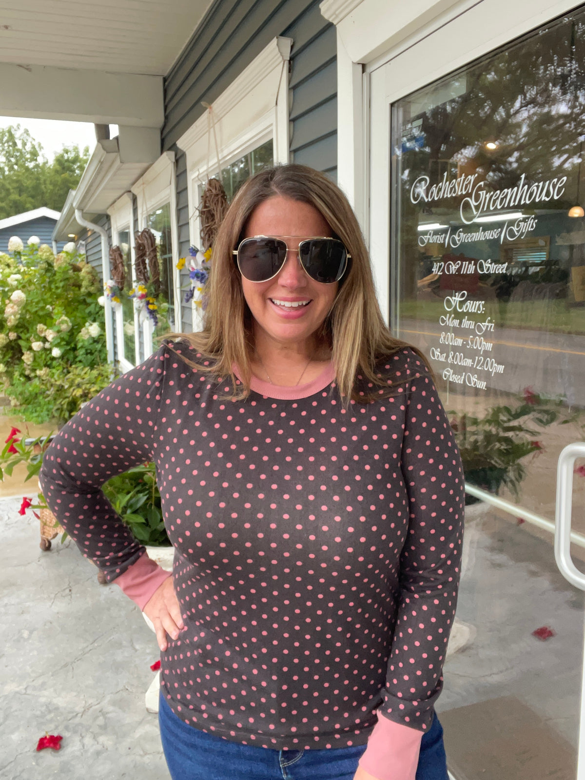 BROWN/PINK Crew Neck, Long Sleeve, Polka Dot Printed Hacci Top