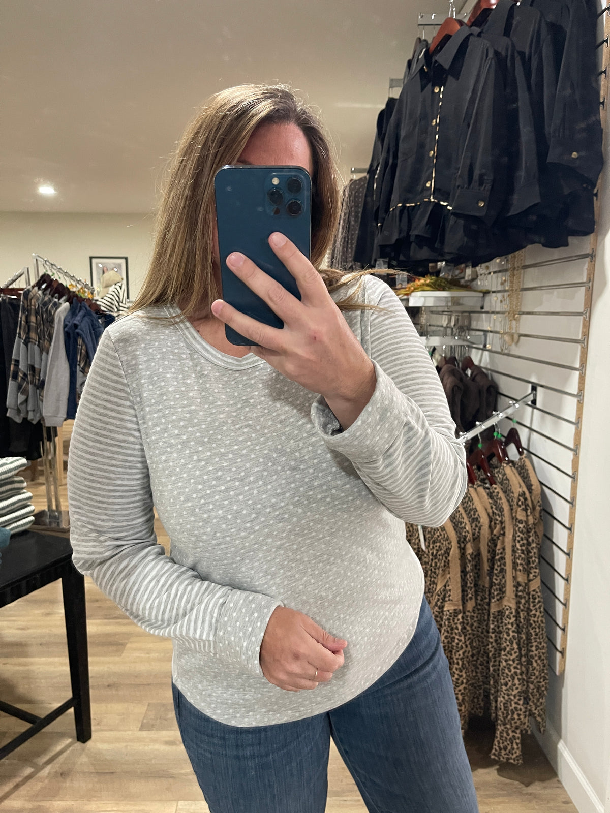 HEATHER GREY Crew NECK, Long Sleeve Polka Dot And Stripe Mixed Knit Top