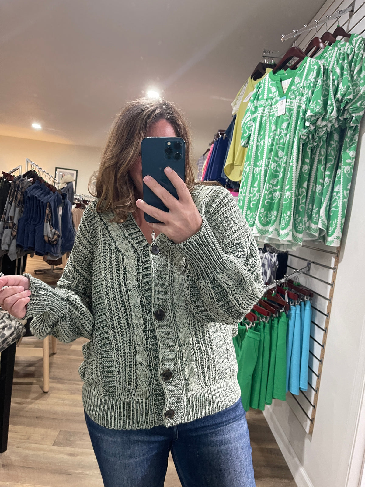 OLIVE CABLE KNIT BUTTON CARDIGAN