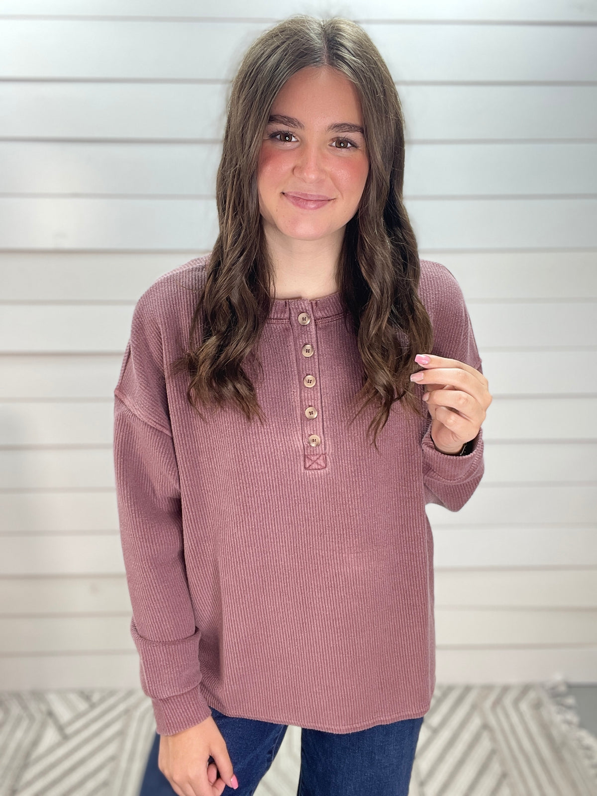 Burgundy Ribbed Textured Half Button Top