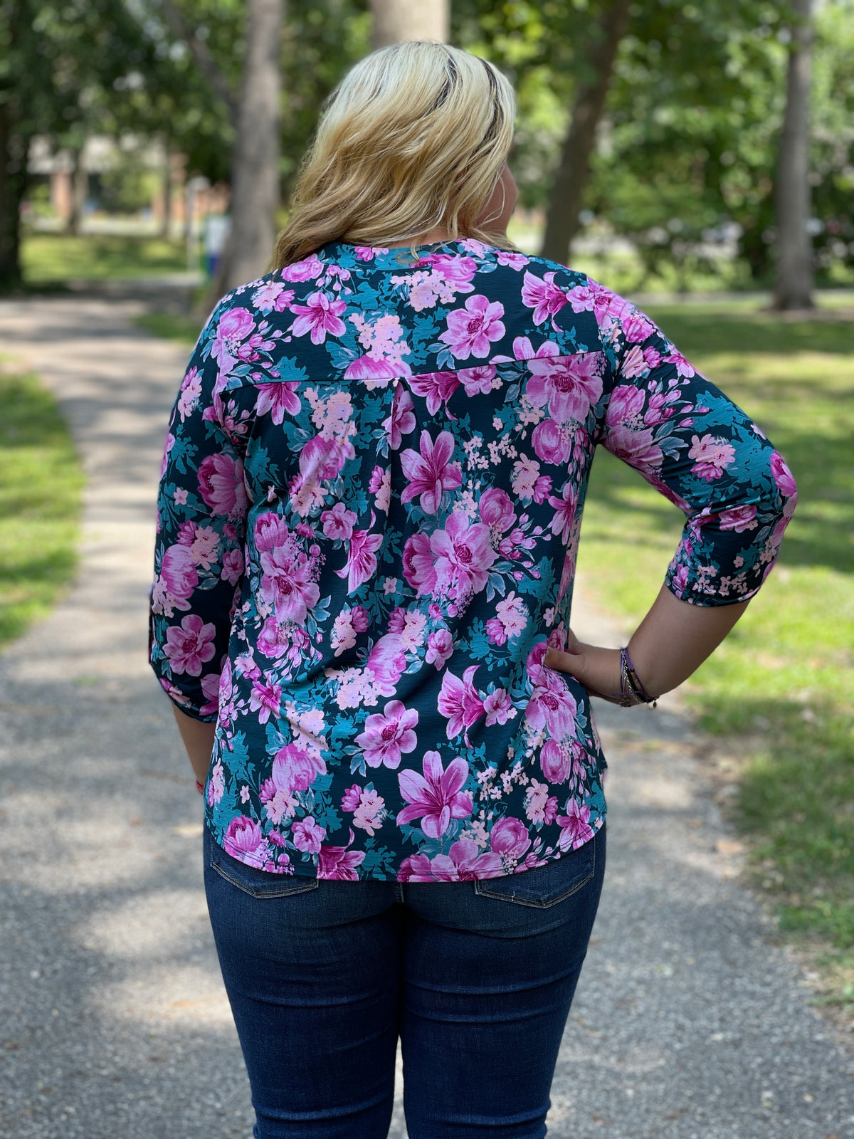 HUNTER GREEN/PINK FLORAL LIZZY TOP