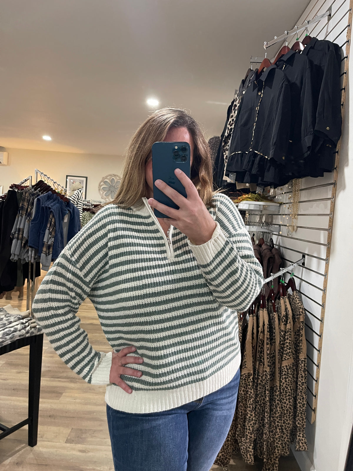 Dark Sage Half Zip Mock Neck Striped Pullover Sweater