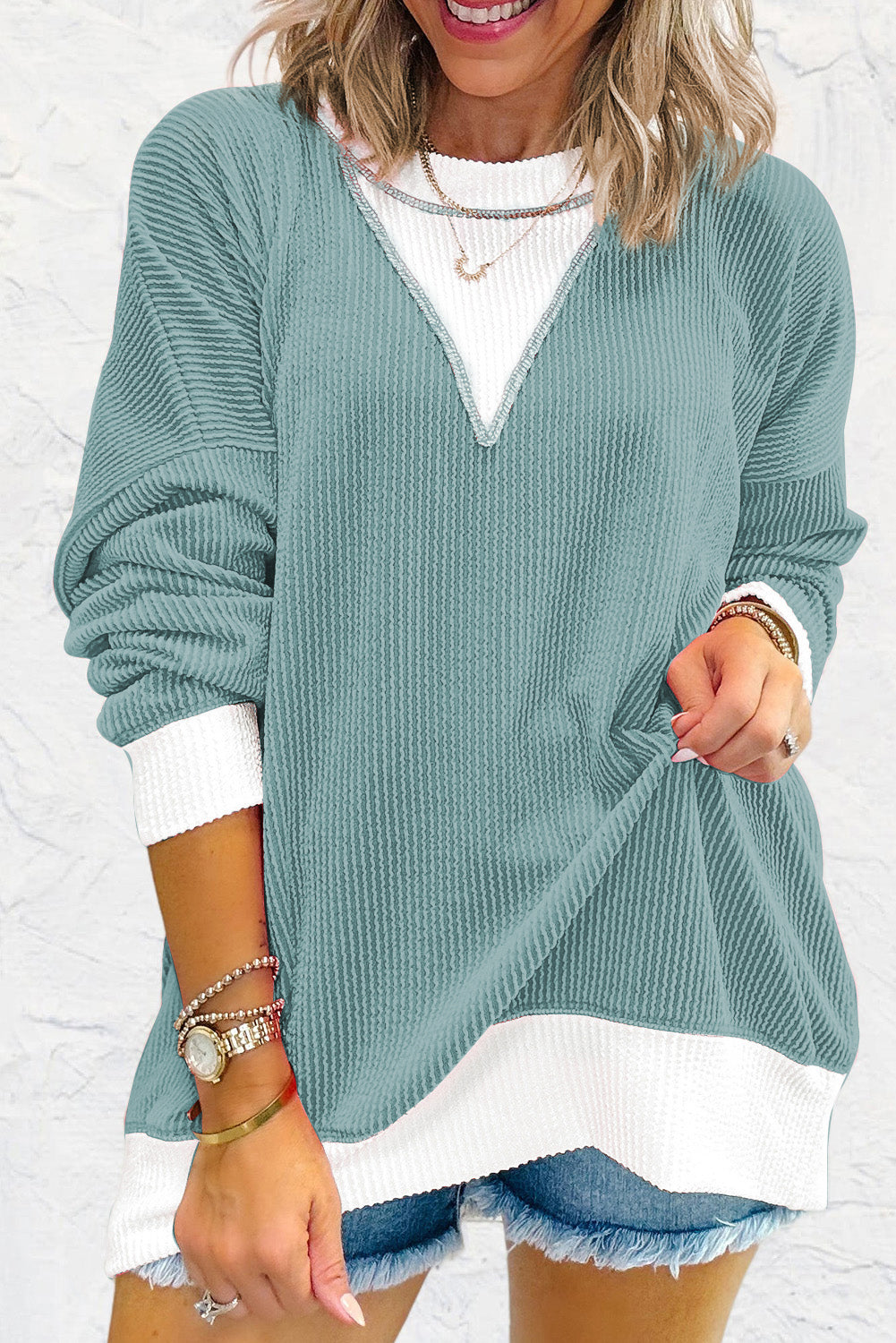 DARK SAGE RAISED RIBBED CONTRAST KNIT TOP