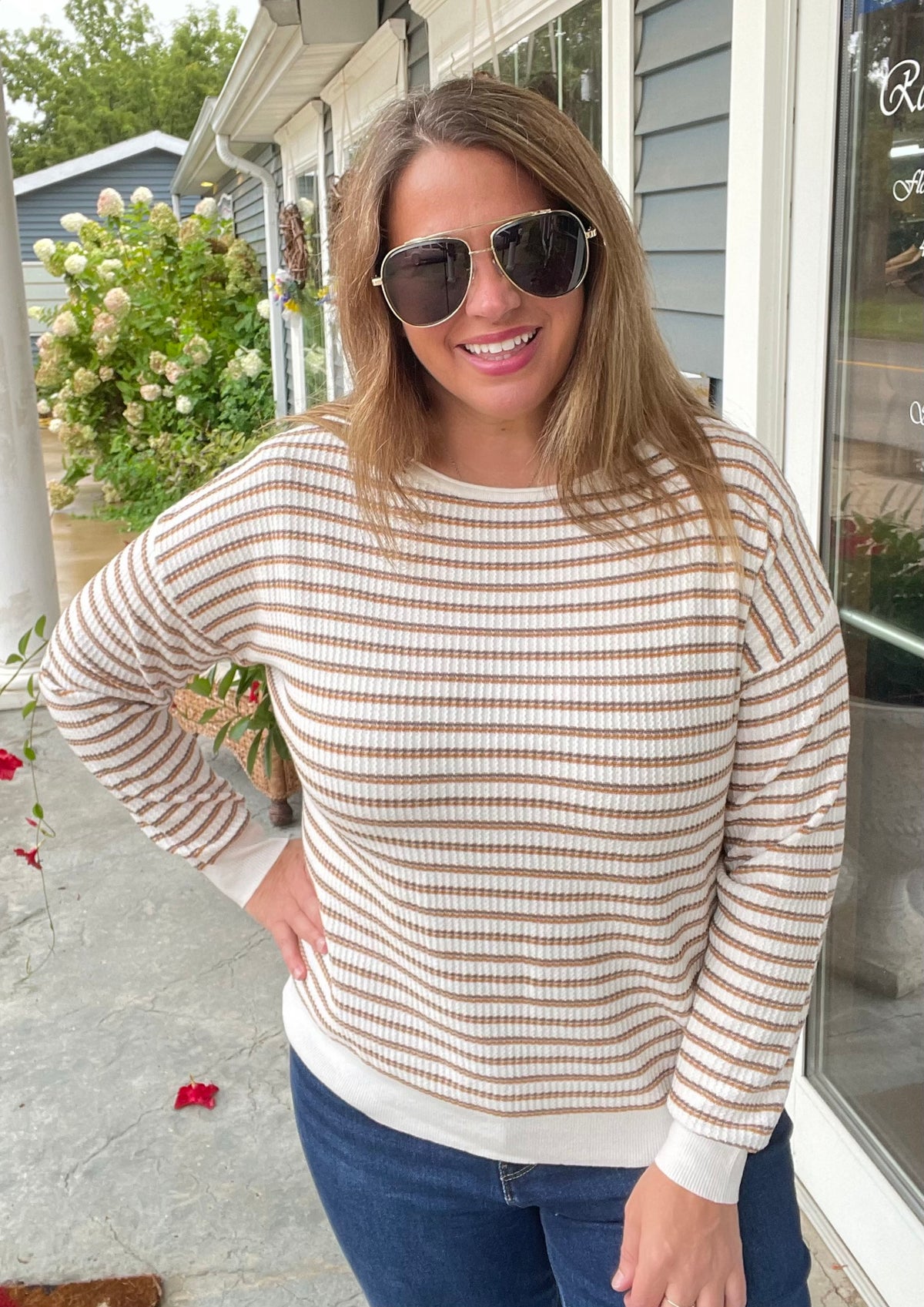 MOCHA/MUSTARD Multi Color Stripes Textured Wide Crew Neck Pullover Sweater
