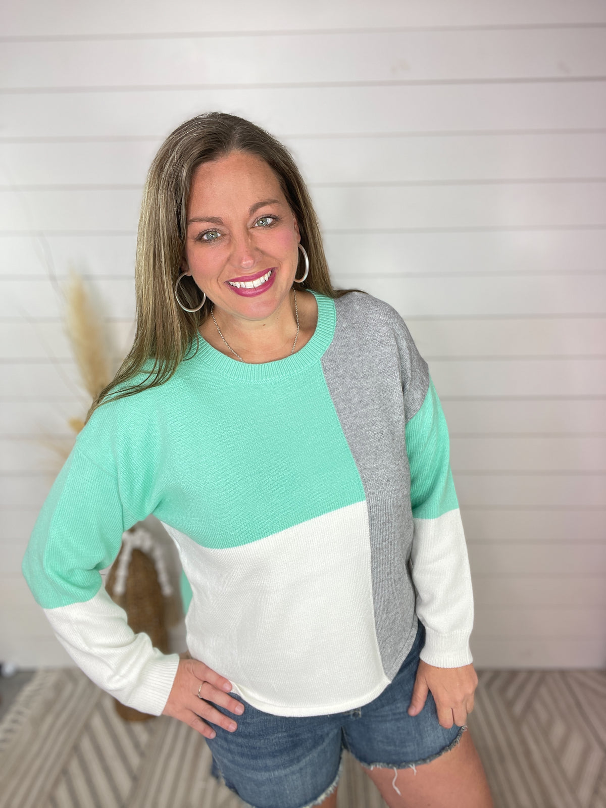 MINT/WHITE/GREY COLORBLOCK SWEATER