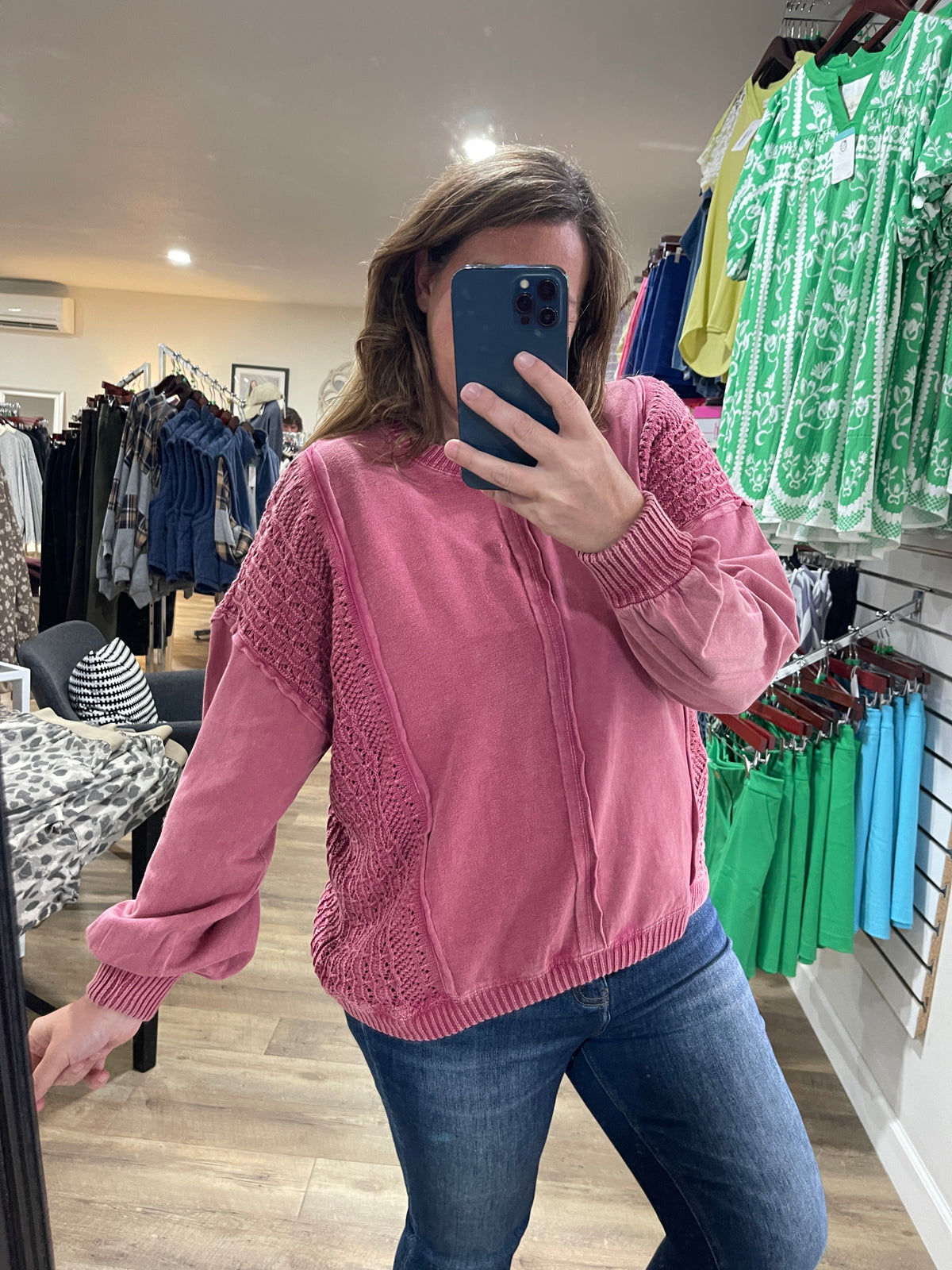 RASBERRY MINERAL WASH LACE DETAIL OVERSIZED KNIT TOP